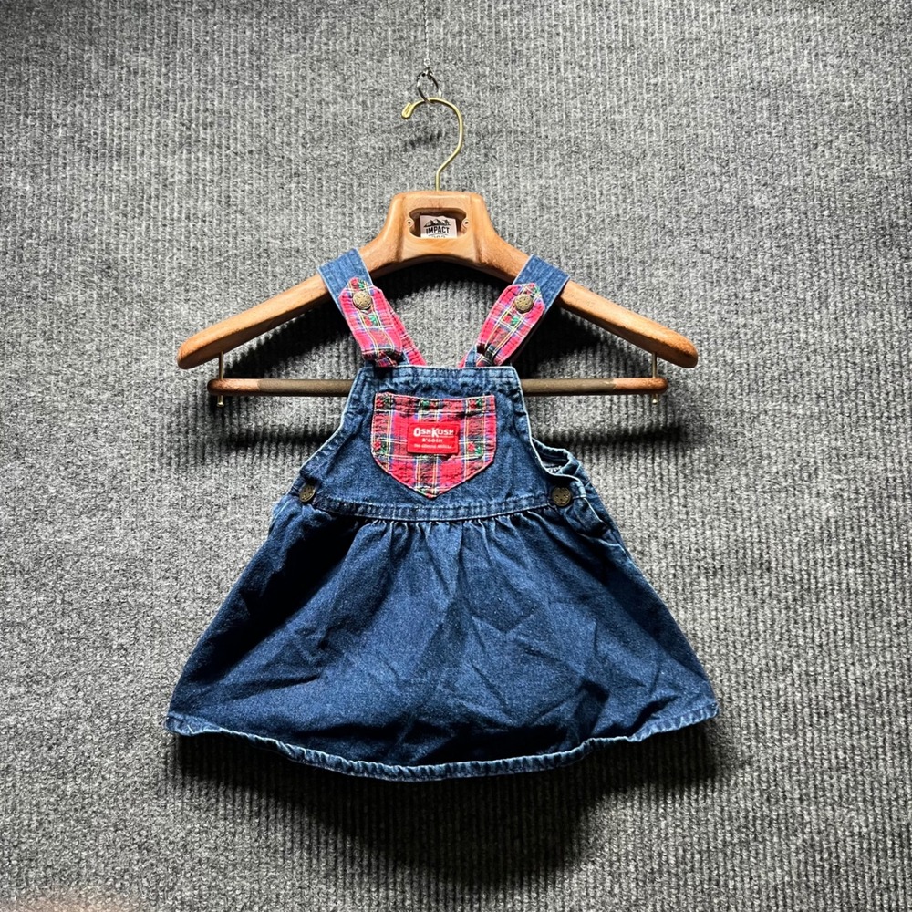 Vintage OshKosh Bgosh Jumper Dress Kids 2T Blue Denim Plaid Floral Embroidered